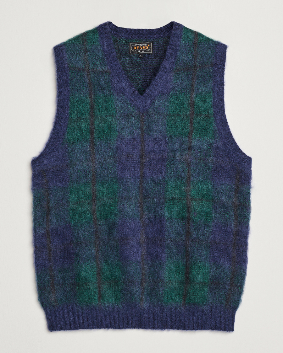BEAMS PLUS Mohair Check Vest Navy at CareOfCarl.com