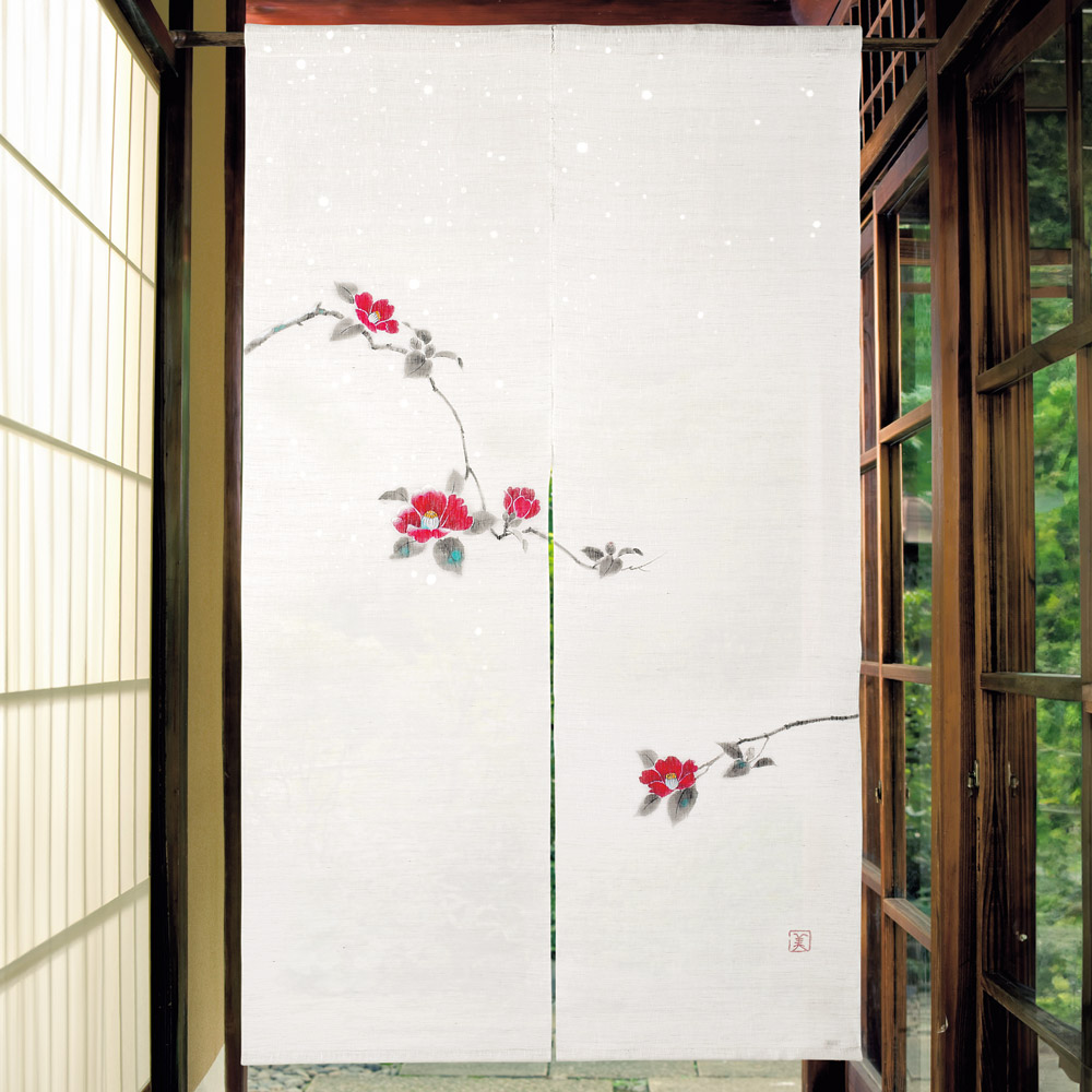 深川美智子 手描き麻のれん「雪中椿」 | ライトアップオンラインストア