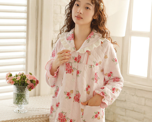 秋冬 パジャマ ガーゼ レディース 部屋着 前開き寝巻花柄ナイトウェア