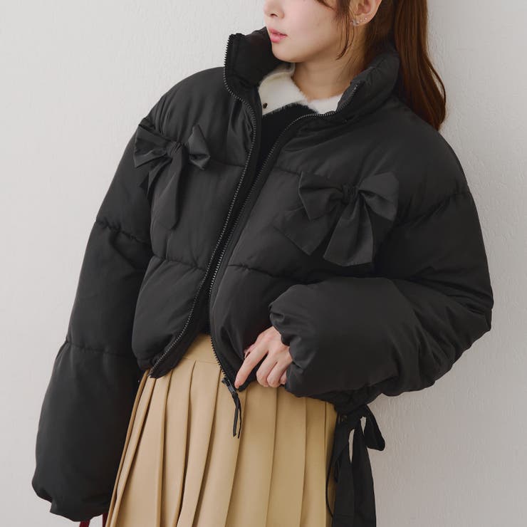 5色展開】リボンが可愛いガーリーアウター♪2WAYリボン中綿ブルゾン