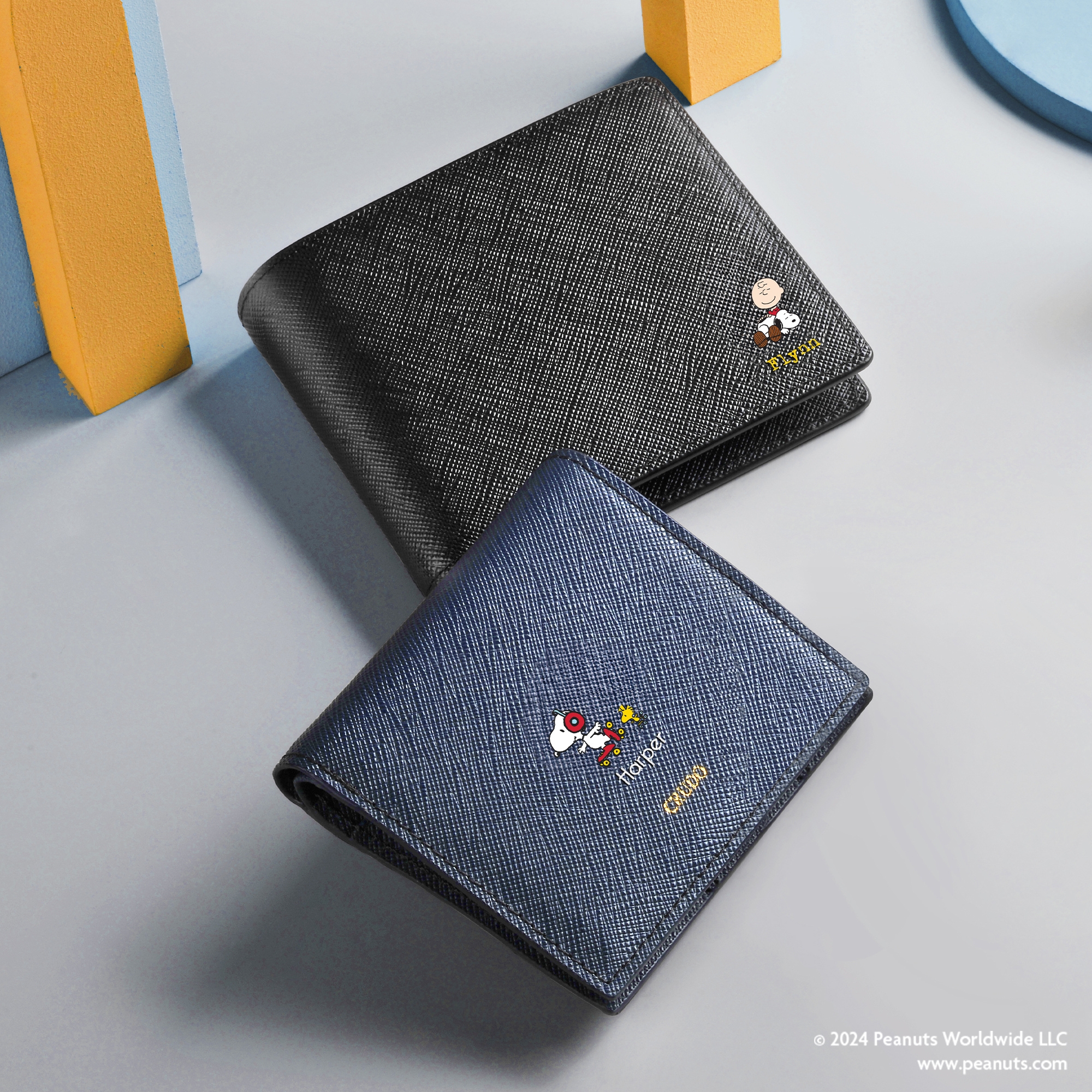 Peanuts UV Printed Leather Short Wallet - Saffiano Blue