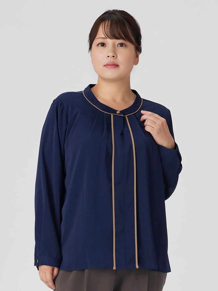 ネイビー 【SalaSweet (サラスイート)】配色パイピングブラウス