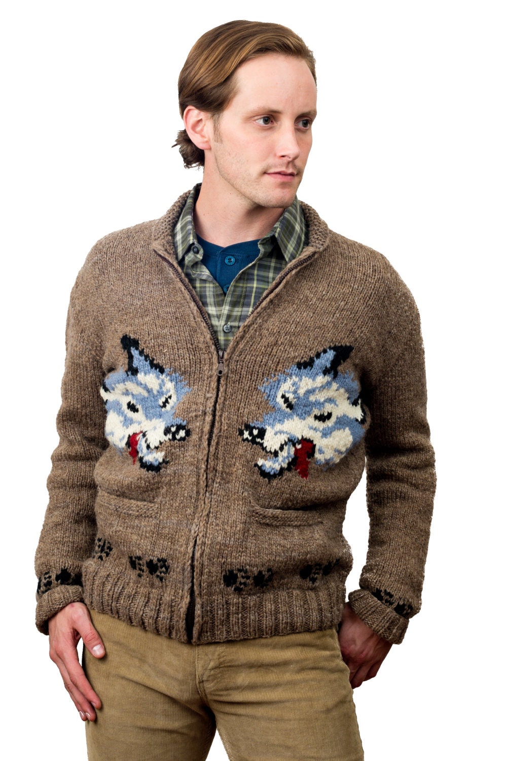 Hand Knit Wool Wolf Cardigan: Mary Maxim Style Sweater - Etsy