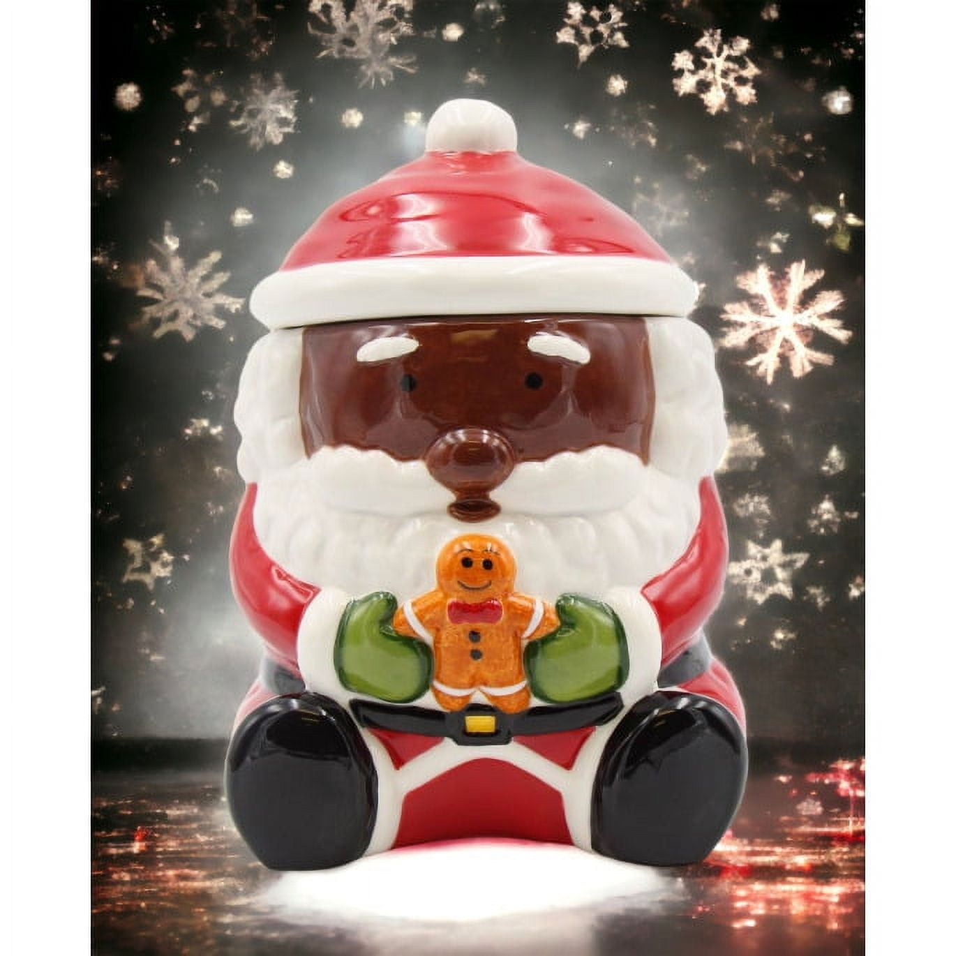 Ceramic African American Santa Claus Holding Gingerbread Candy Box