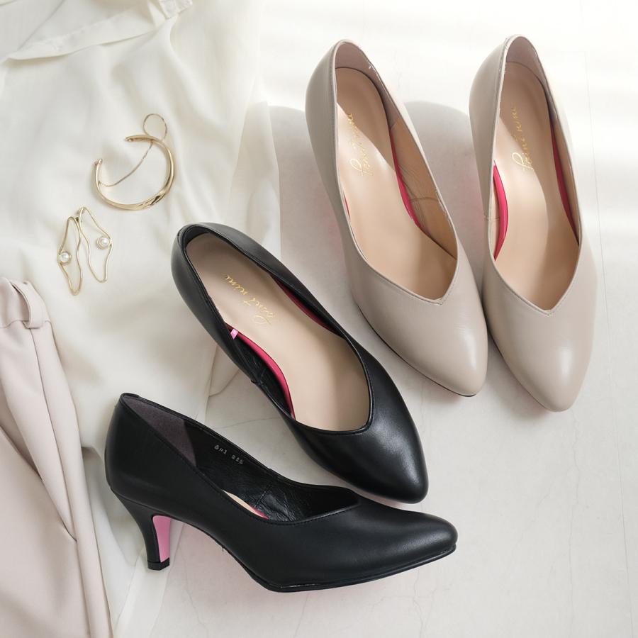 パンプス レディース ポインテッドトゥ Vカット 黒 本革 歩きやすい