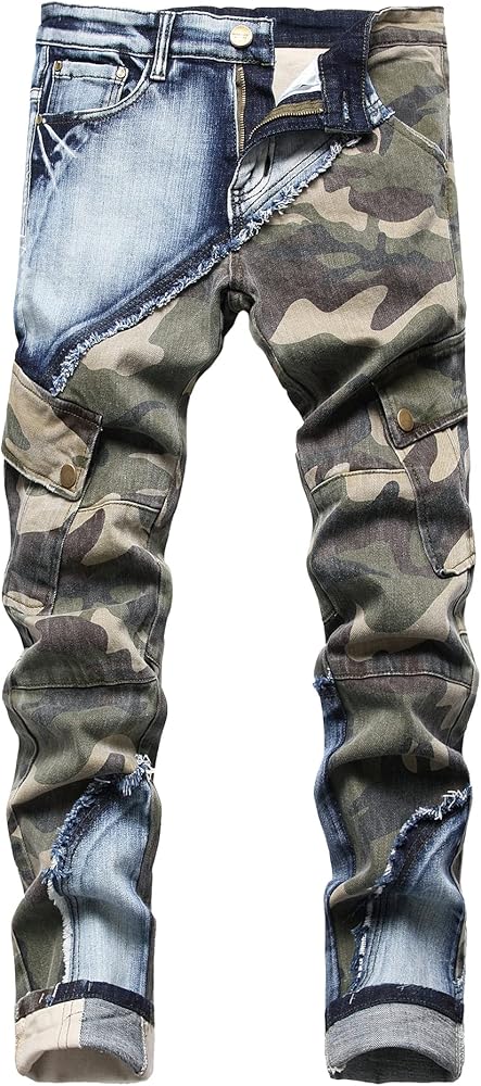 Men's Skinny Designer Cotton Camo Denim Patched Jeans with Two