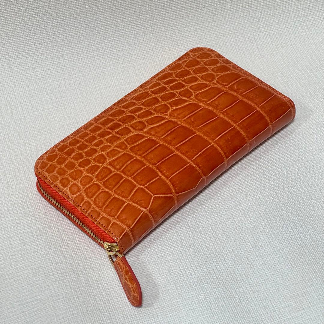 【未使用級】シャイニング クロコダイル 長財布 ラウンドジップ オレンジ 財布 クロコダイル レディース ラウンドファスナー 長財布 プレゼント
