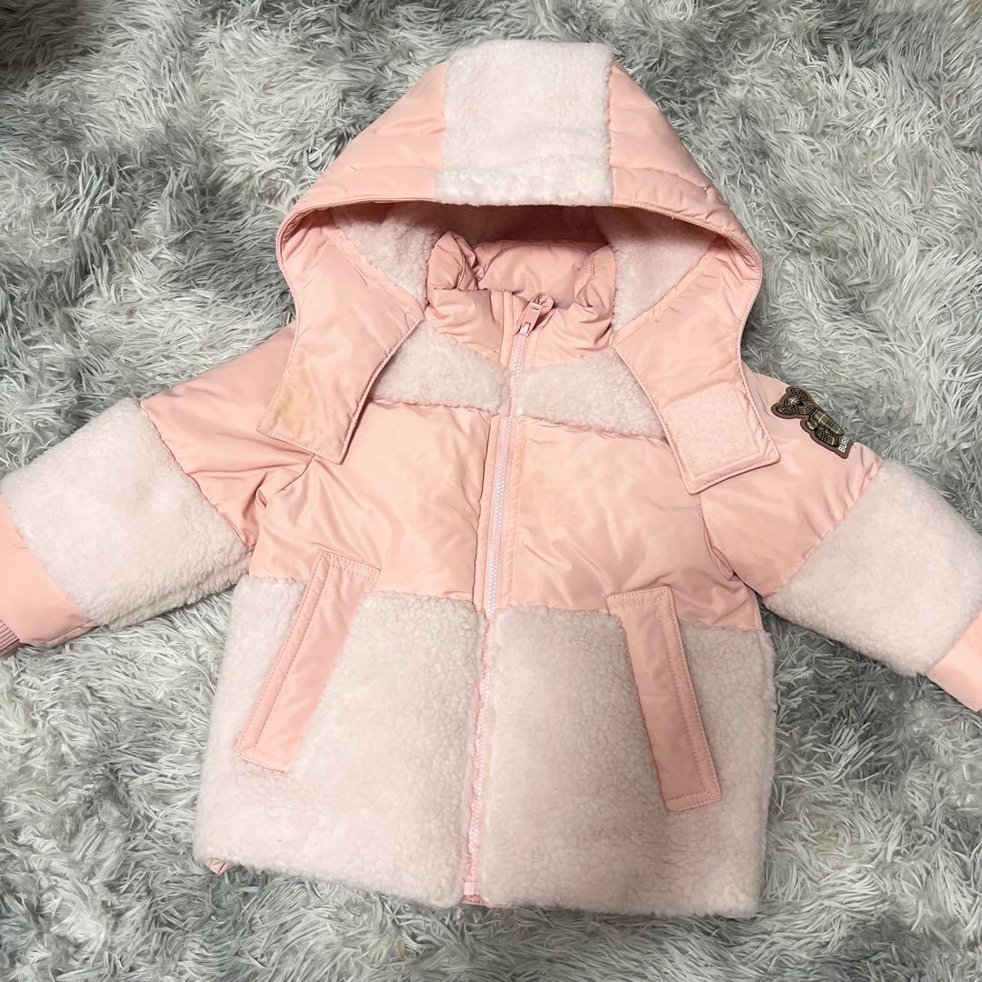 Burberry ダウンコート 2Y 92cm フェイクファートリム チェック ナイロン ダウンコート (サンド