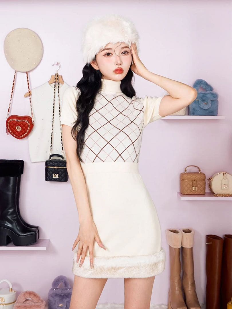 Darich チェックファーニットミニワンピース アイボリー - メルカリ